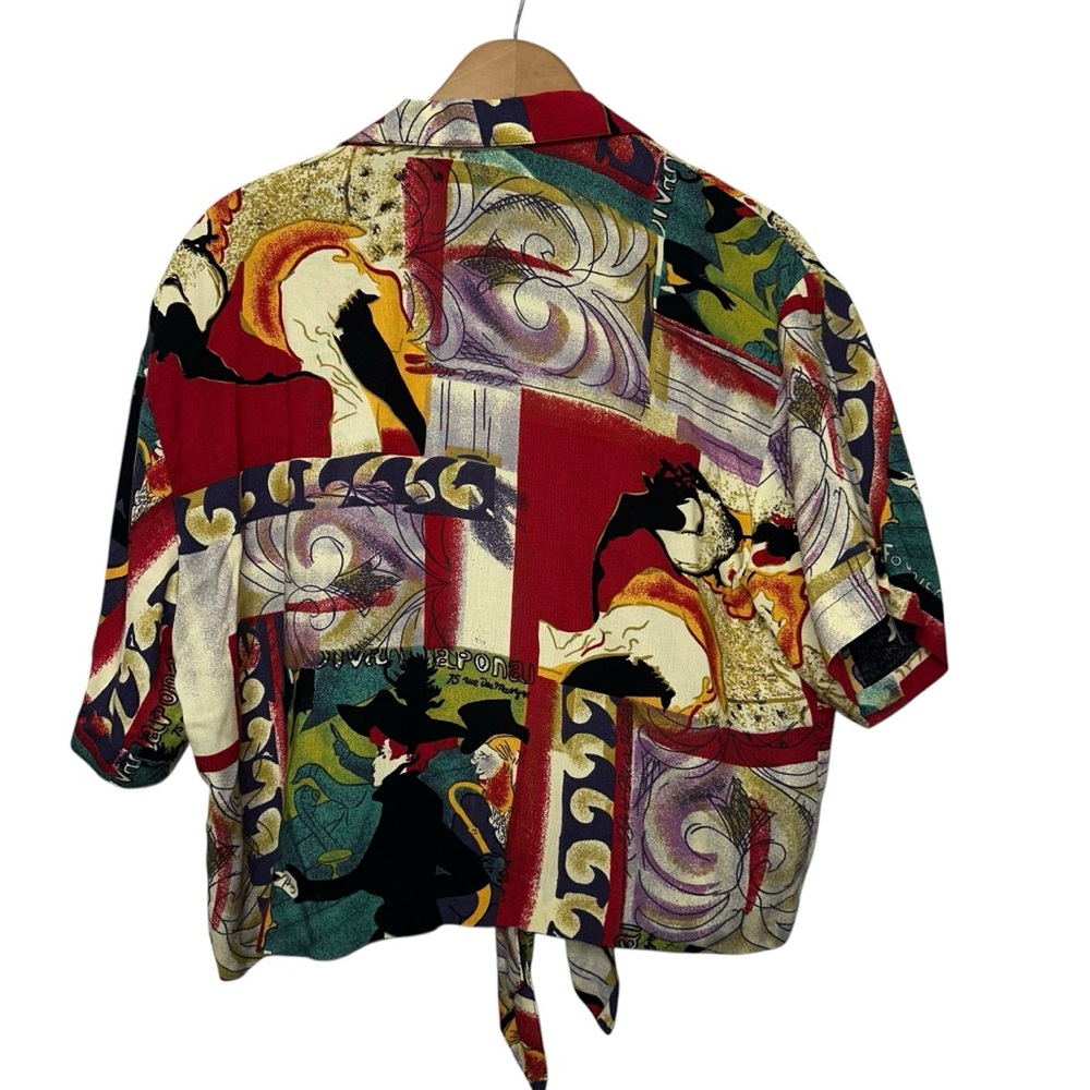 VINTAGE 90s Virgo II Multicolor Artwork Faces Collar Crop Tied Hem Top - Picture 3 of 9